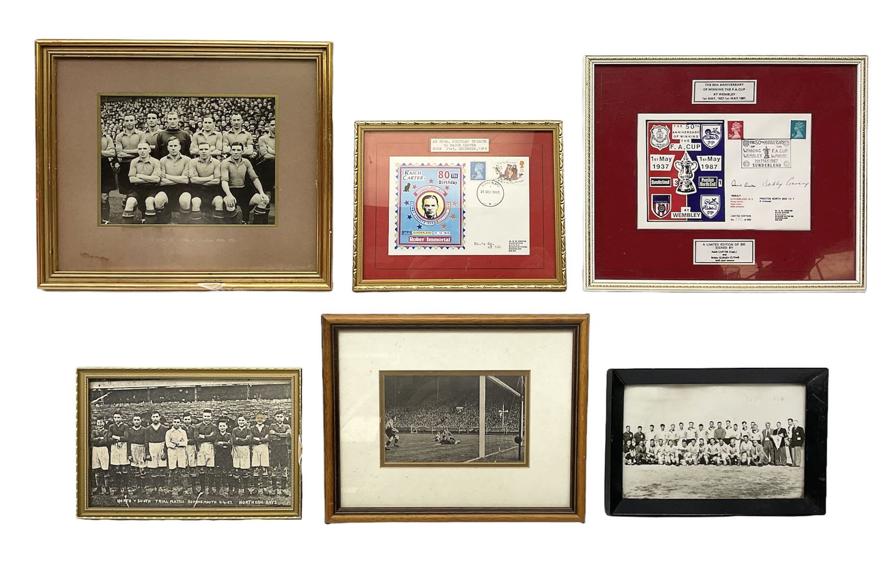 Limited edition First Day Cover 1987 for Sunderland's 50th Anniversary of Winning the F.A. Cup; signed by Raich Carter and Bobby Gurney No.1sp/500; limited edition First Day Cover 1993 to celebrate Raich Carter's 80th Birthday No.1aSp/100; photograph of the RAF XI v Scotland team including Carter and Stanley Matthews; photograph of Carter scoring against Preston N.E. in 1937; photograph of the Hull City squad on tour to Tel Aviv 1949; and photographic print entitled 'North v South Trial Match Bournemouth 2-4-27 Northern Boys' with manuscript note verso by Carter identifying which is him; all framed; Provenance: By direct descent from the family of Raich Carter having been consigned by his daughter Jane Carter (6)