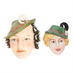 Goebel Art Deco wall mask, Lady in Tyrolean Hat, with impressed mark, together with a simi...