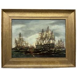 J Middleton (British 19th century): 'Saluting HMS Victory off Spithead Dec 1805', oil on panel signed, inscribed verso 26cm x 36cm