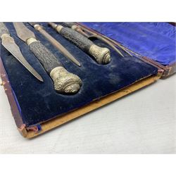 James Deakin & Sons five piece horn handled carving set, in blue velvet lined fitted case, L43cm