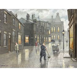 Steven Scholes (Northern British 1952-): 'Road Sweeper - Salford 1962', oil on canvas signed, titled verso 38cm x 48cm