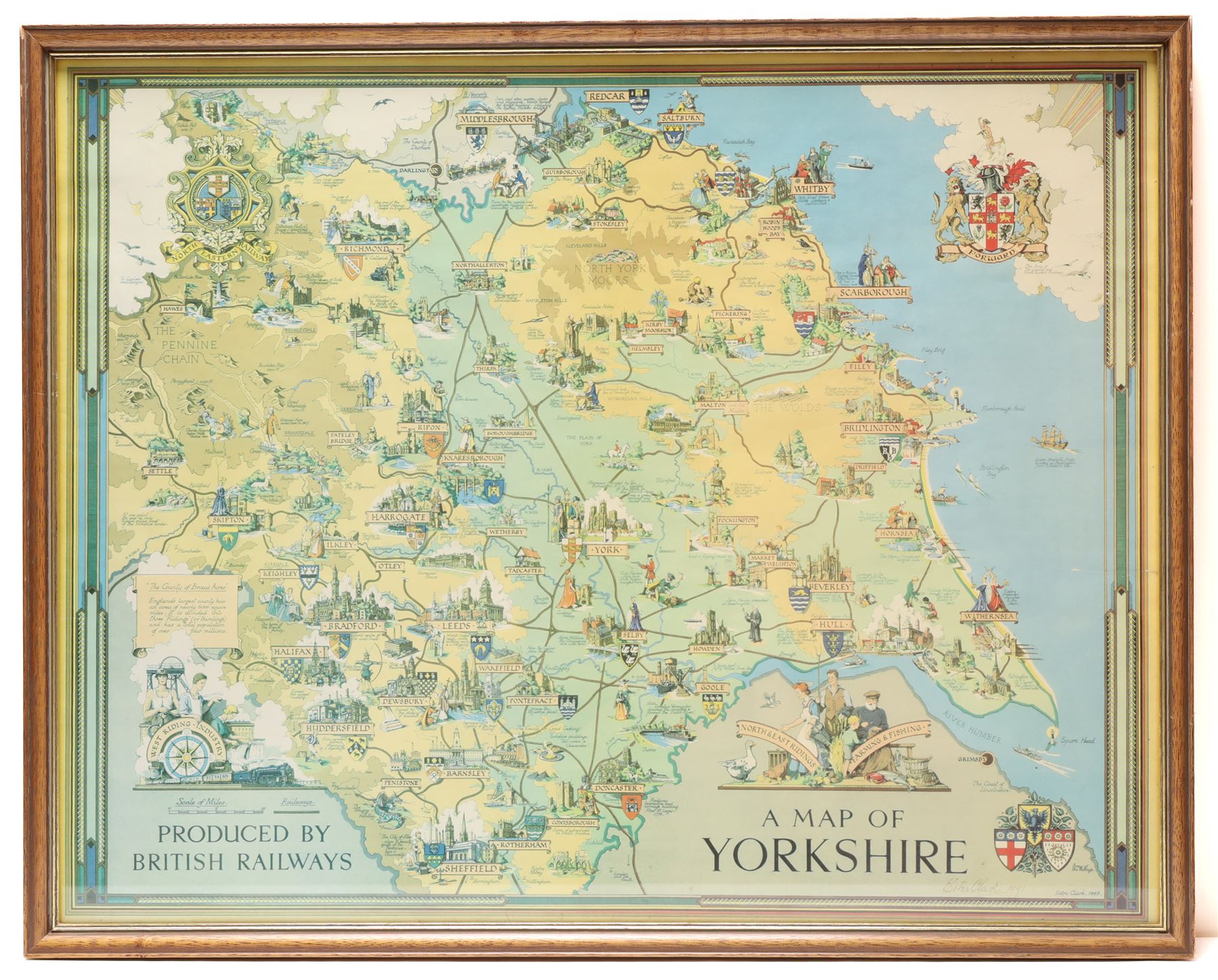 Estra Clark (British 1904-1993): 'A Map of Yorkshire', pictorial colour map of Yorkshire with important events and places described, produced by British Railways, signed and dated 1991 in pen 55cm x 70cm