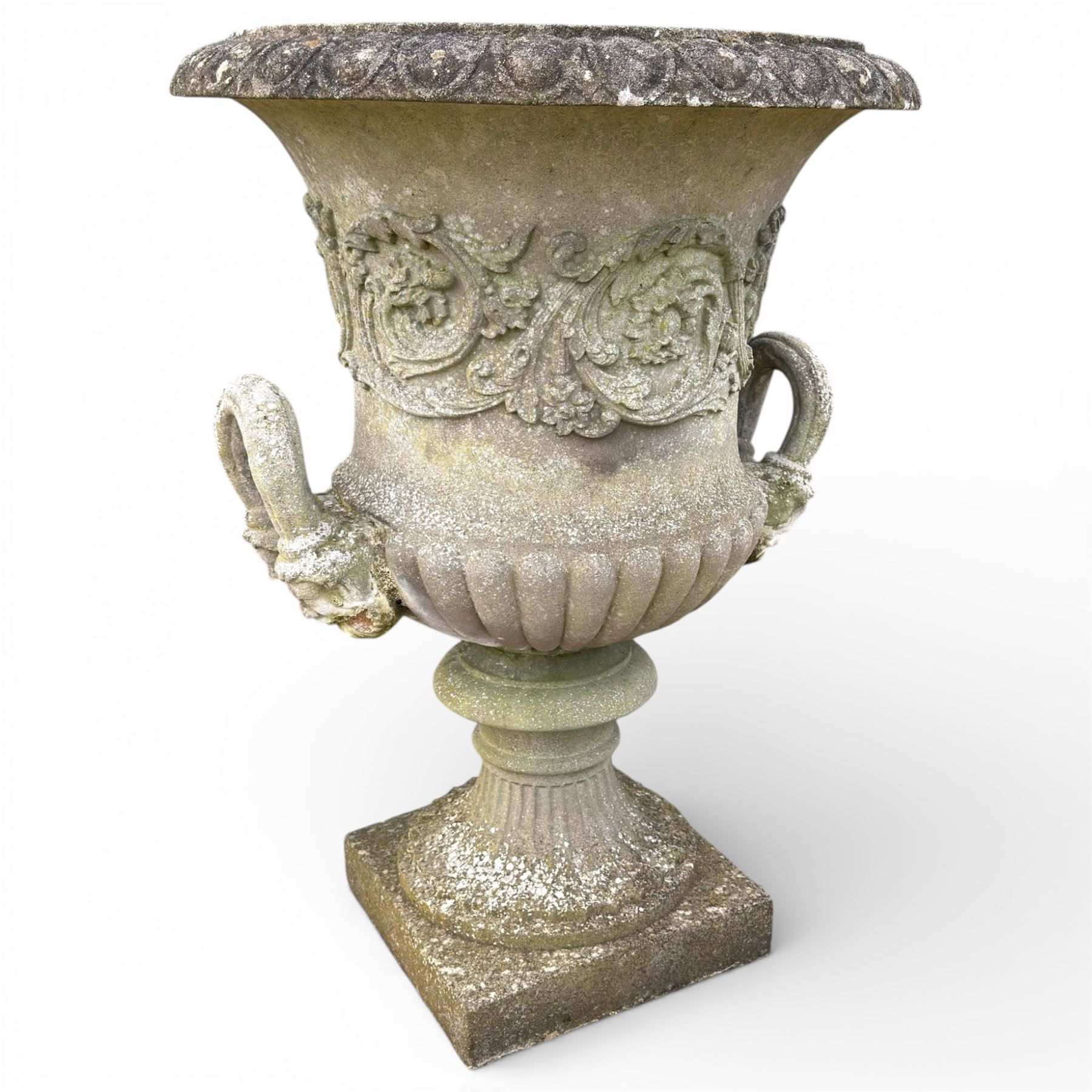 Pair of large stone Campana urns on square bases