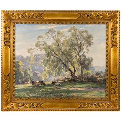Owen Bowen (Staithes Group 1873-1967): Cattle Resting in Summer Shade, oil on canvas signe...