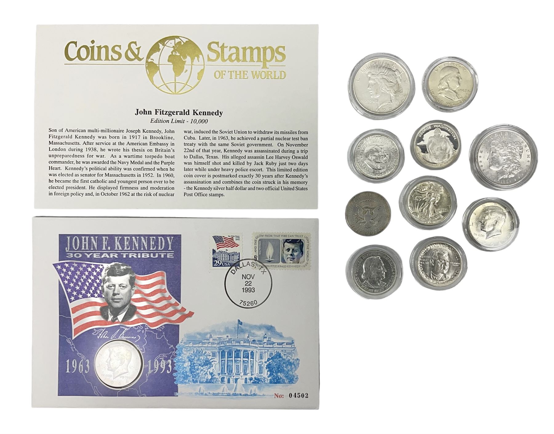 United States of America coinage including 1889 Morgan dollar, 1922 Peace dollar 1943 Liberty half dollar, 1982 commemorative half dollar etc