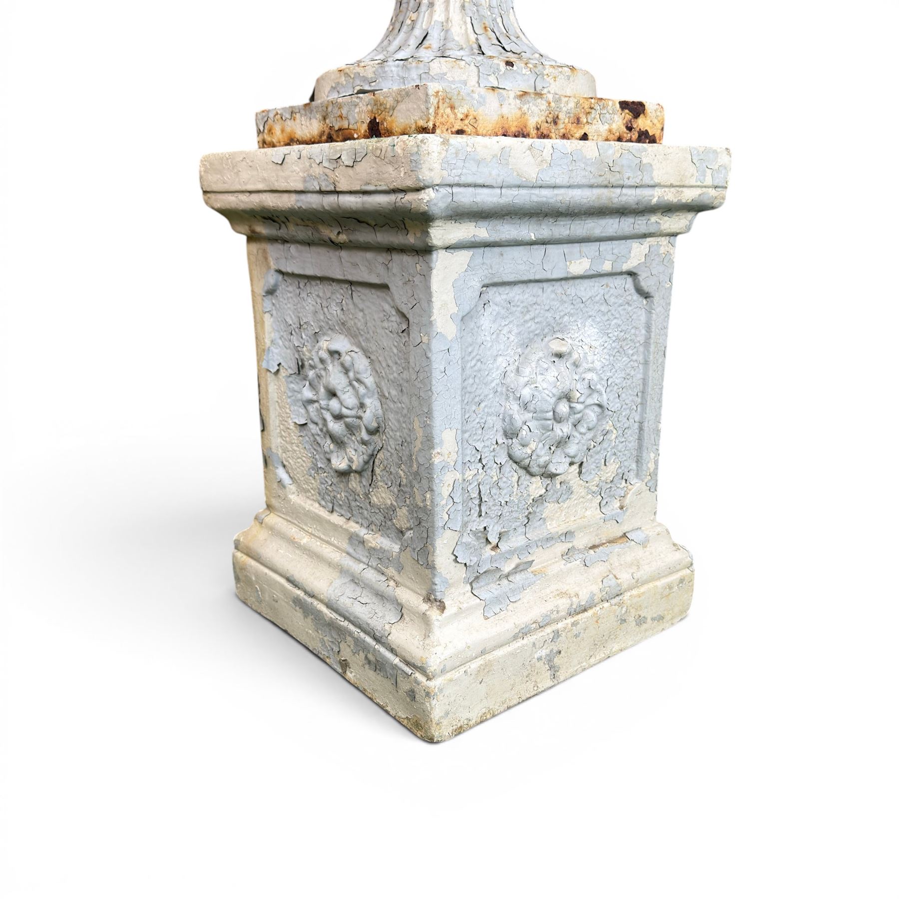 Victorian weathered heavy ornate cast iron garden centerpiece urn, distressed white and duck egg blue painted, raised on square plinth with rose detail 