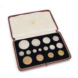 King George VI 1937 specimen coin set, fifteen coins from farthing to crown including Maundy money, housed in original case