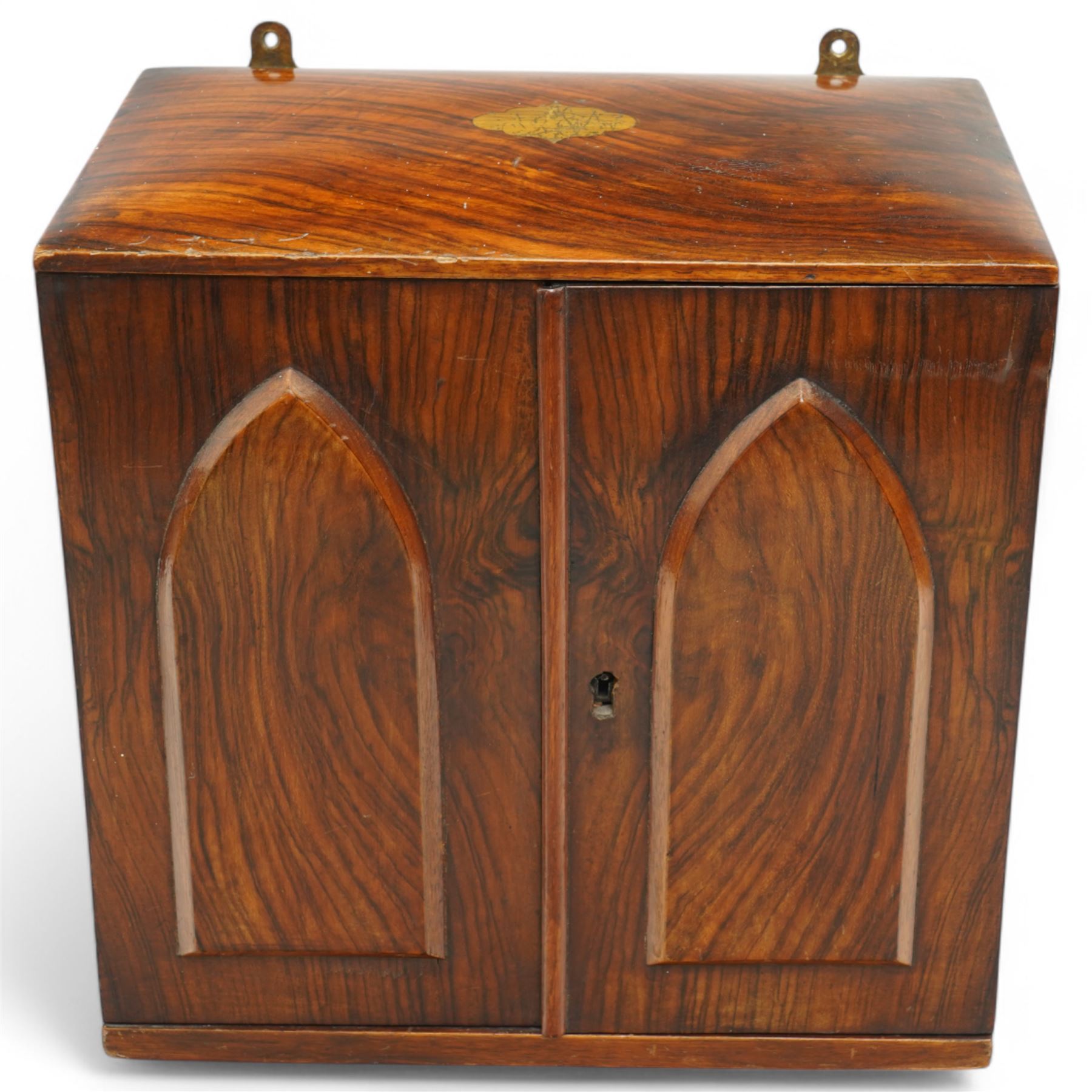 Victorian figured walnut table-top cabinet,  the interior fitted with three small drawers, enclosed by lancet panel doors, W29cm H29cm 