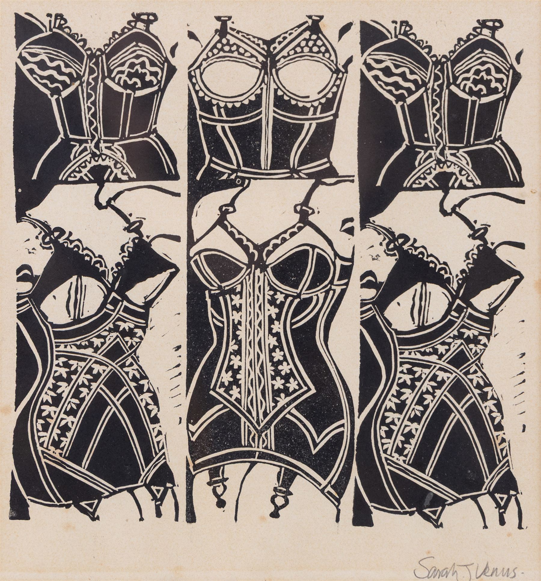 Alan Coates (British Contemporary): 'Nude 4', limited edition etching No.3/12 signed and titled 20cm x 14cm; Sarah J Venus (British Contemporary): Corsets, lino cut 21cm x 19cm; William 