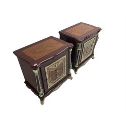 Pair Rococo style wood finish bedside chests, fitted with two drawers, decorated with scrolled foliate and flower heads 