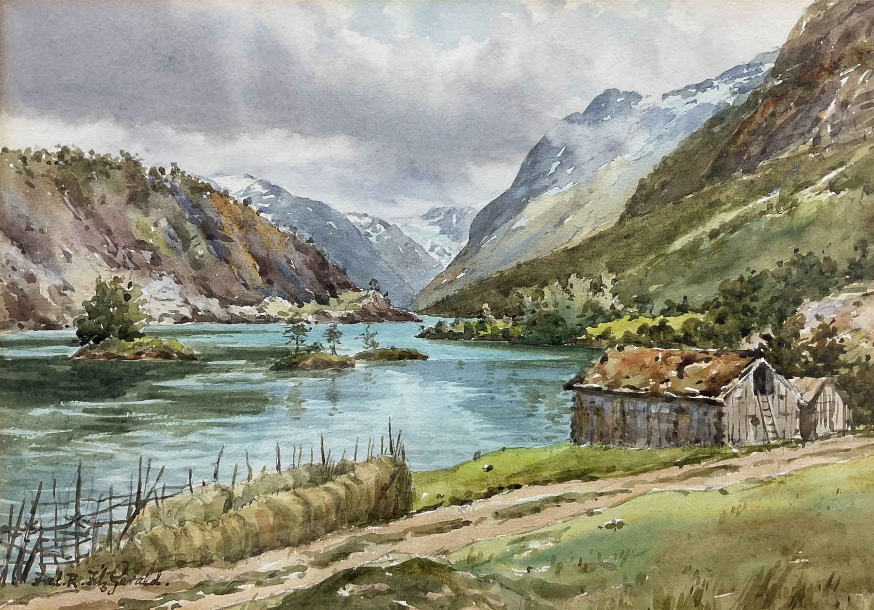 Frederick Richard Fitzgerald (British 1869-1944): Norwegian Fjord Landscape, watercolour signed 22cm x 32cm