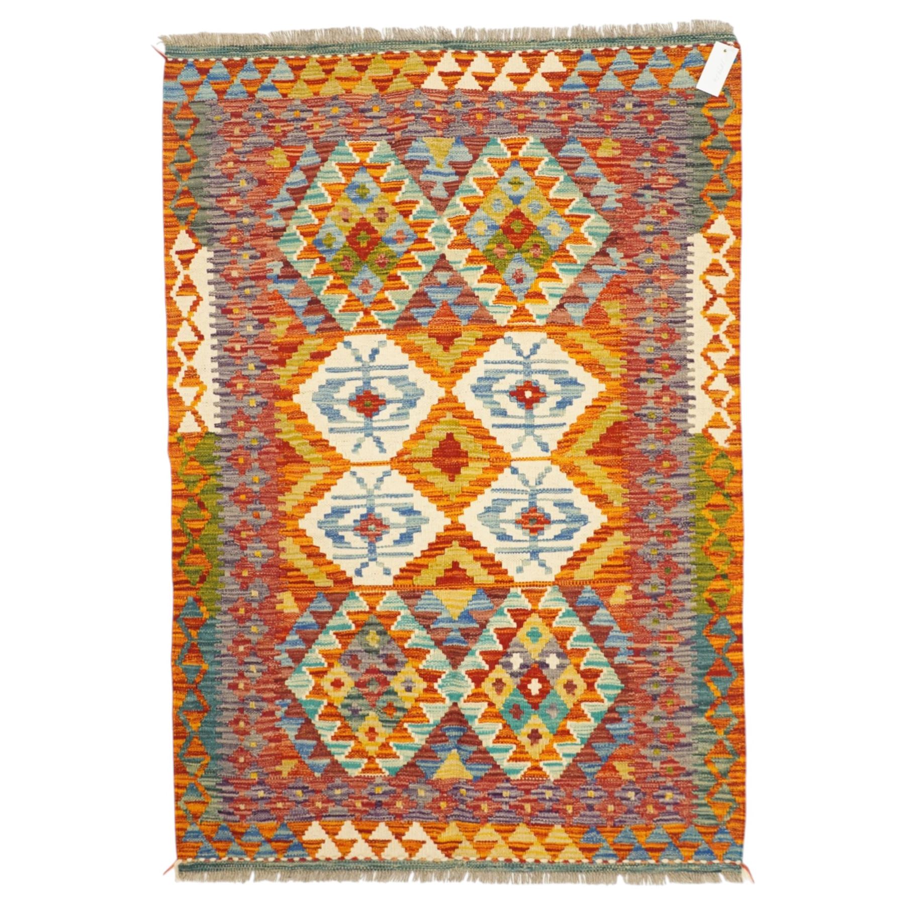 Afghan Chobi flatweave kilim, with a repeating stepped diamond medallion design in ivory, green, rust, teal, purple, indigo, and framed by chevron and geometric borders