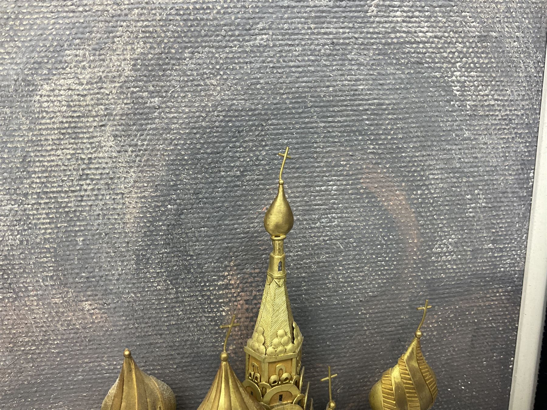 William Tolliday yellow metal study of a Russian Church, upon painted background within velvet and gilt wood frame, signed and dated to corner, H31cm