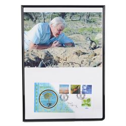 Signed David Attenborough photograph and a signed Life on Earth first day cover, framed H43cm
