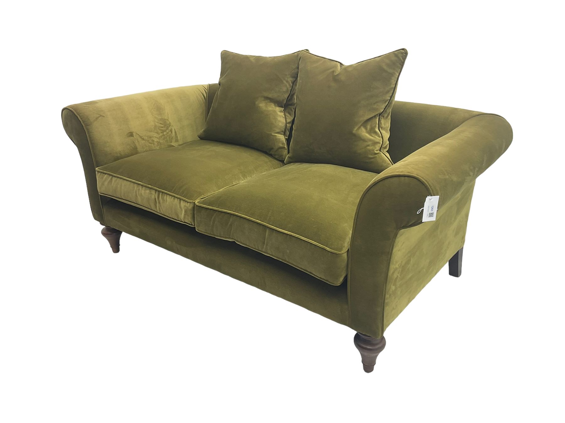 Sofas & Stuff - 'Clavering' two seat sofa upholstered in olive green velvet, scrolled arms, on turned front supports, with matching scatter cushions