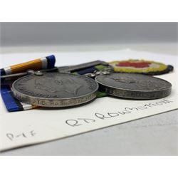 George V India General Service Medal with Afghanistan N.W.F. 1919 clasp and WW1 British War Medal awarded to 79561 Pte. R.D. Rowbottom R.A.M.C.; both with ribbons; card mounted with cap badge and Medical Corps cloth badge