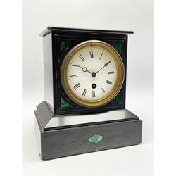 Victorian black slate mantel clock timepiece, the case with engraved and gilt decoration and inlaid with malachite, circular enamel Roman dial, single train driven movement