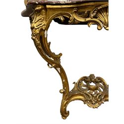 19th century giltwood and gesso console table and mirror, the mirror with shell motif pediment decorated with flower heads and scrolling foliage, two bird motifs to each side, egg and dart moulded frame with beaded inner slip, plain mirror plate, each corner mounted by scrolled acanthus leaves and cartouches, the console table with shaped variegated rouge marble top with moulded edge, central shell motif with extending scrolled foliage, on foliate and flower head moulded cabriole supports united by pierced shell middle rail, scrolled acanthus leaf terminals 

Mirror: 176cm x 108cm
Table: W114cm, H85cm, D54cm