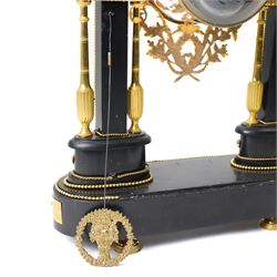 French-Early 19th century 8-day ormolu and polished black slate portico clock, case surmounted with a twin handled urn with flowers, supported by two square pedestals with finials and trailing floral mounts on oval bases, raised on an oval plinth with toupie feet, enamel dial signed 