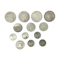  United States of America coinage, including two Morgan dollars dated 1921 and 1921 D, two Liberty dollars dated 1923 and 1926, 1951 half dollar, three Kennedy half dollars dated two 1964 and 1966, five standing Liberty quarter dollar coins dated three 1925, 1926 and 1929 (13)