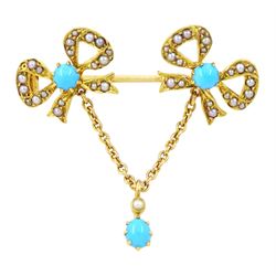 Edwardian 15ct gold turquoise and pearl double bow brooch, suspending a further turquoise and seed pearl, in velvet and silk lined case