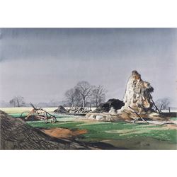 Rowland Frederick Hilder OBE (British 1905-1993): 'Winter Evening', watercolour and ink signed, titled on exhibition label verso, with James Bourlet label, 48cm x 69cm 
Provenance: exh. Royal Institute of Painters in Water Colours, label verso