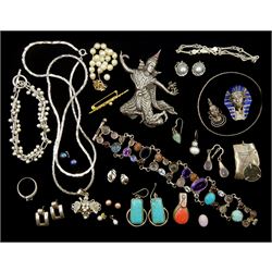  Silver and stone set silver jewellery including multi-stone set bracelet, pair of turquoise earrings, bracelets, necklaces etc, 9ct gold jewellery including pair of pearl stud earrings, pair of white gold grey pearl clip-on earrings, clasp and a pair of white gold stud earrings, gilt brooch and a loose opal