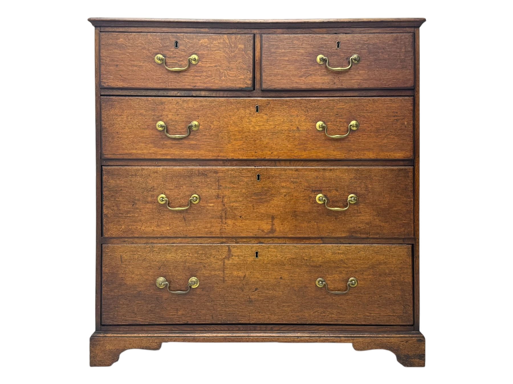 19th century oak chest, rectangular top over two short and three long drawers, on bracket feet