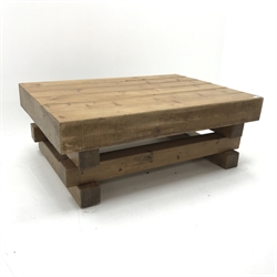  Solid pine coffee table, square timber supports, W122cm, H46cm, D88cm  