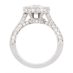 18ct white gold single stone round brilliant cut diamond ring, with pave set diamond surround, gallery and shoulders, principle diamond approx 1.20 carat