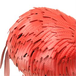 Pair of contemporary pink painted metal flamingos, with elongated curved necks, black-tipped beaks and overlapping pierced metal plumage, on long slender legs terminating in three-toed feet, modelled in differing poses