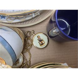 Twenty seven Porcelain Art miniature teapots, with wooden display together with a collection of other ceramics and glassware etc, including Goebel Hummel collectors plates, in three boxes,