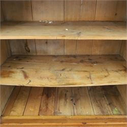 19th century waxed pine press cupboard, shaped cornice above a twin fielded panelled cupboard door enclosing a fixed shelf, the lower section two short two long drawer