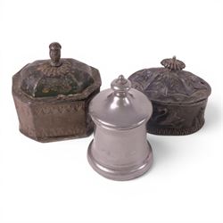 Collection of 19th century and later tobacco jars, including two lead examples, caster iron punch and two others 