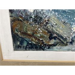 Rupert Aker (British Contemporary): Seascape, mixed media on canvas laid on board signed 19cm x 45cm