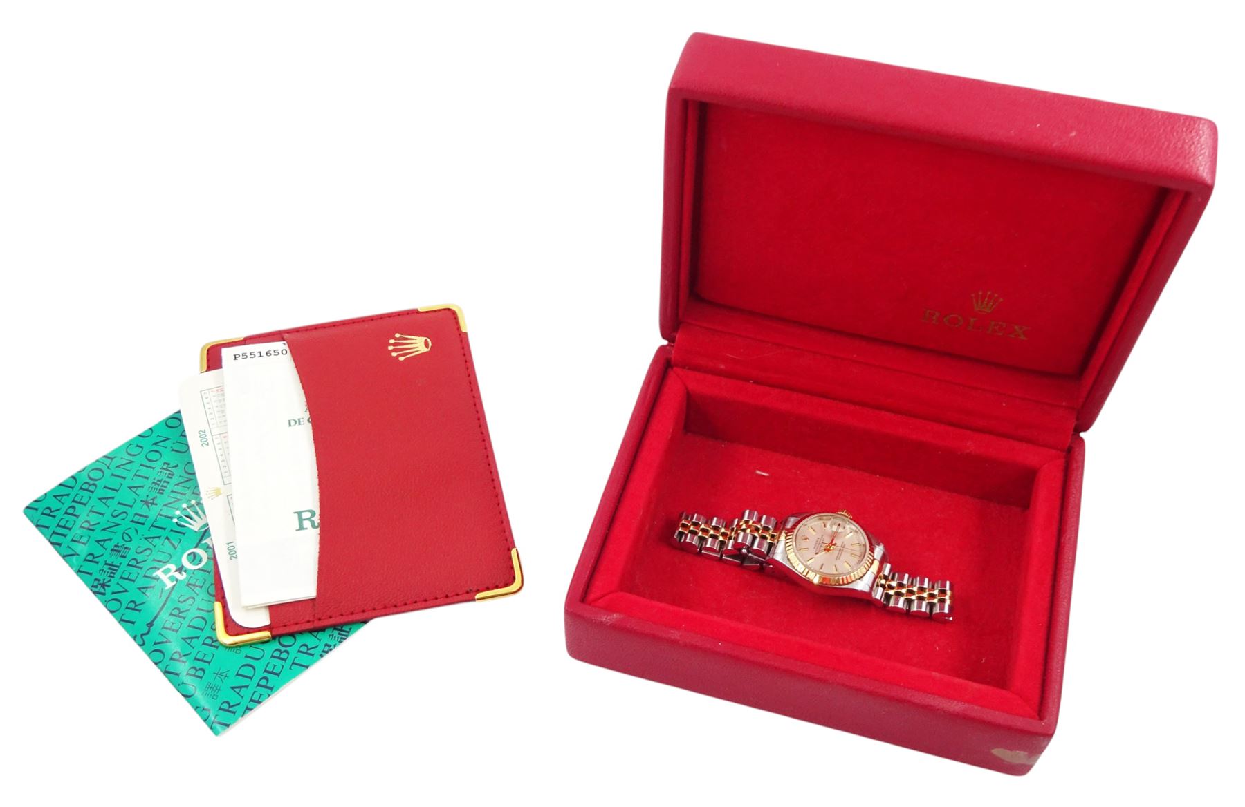 Rolex Oyster Perpetual DateJust ladies stainless steel and gold automatic wristwatch, circa 2000, Ref. 79173, serial No. P551650, silvered dial with baton hour markers,  on Rolex Jubilee stainless steel and gold bracelet, with fold-over clasp, boxed with papers