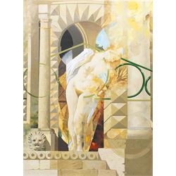 Swedish Surreal School (Mid-Century): Neoclassical Composition of a Female Nude in a Greek Temple Pronaos (Entrance), oil on canvas unsigned 61cm x 46cm