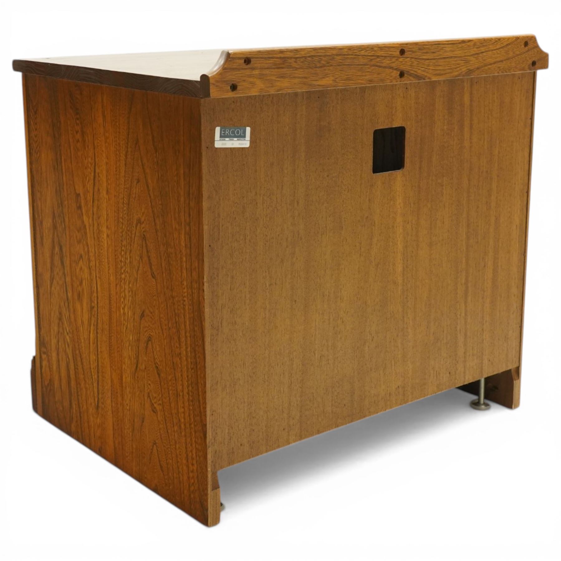 Ercol - elm media cabinet of small proportions, fitted with glazed door enclosing single shelf, on skirted base