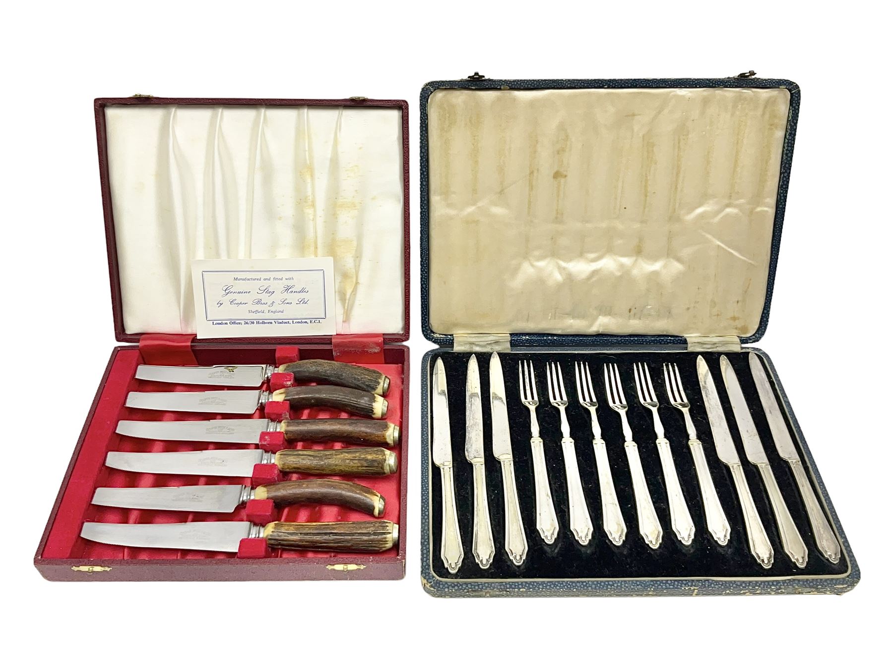 Set of six stag horn handled knives by Cooper Brothers and Sons, together with a set of silver plated dessert knives and forks for six place settings, both within fitted cases