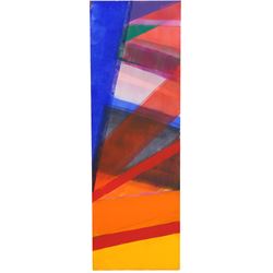 Gillian Ross Kelsey (British 1935-2025): 'Green Triangle 1' 'Green Triangle 2' and 'Sandbar 2', triptych of three acrylics on hardboard, all titled and one signed verso all 123cm x 41cm (3) (unframed)