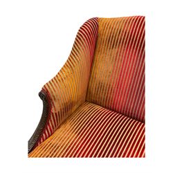 Mid-19th century mahogany two-seat sofa, upholstered in striped velvet fabric, the shaped backrest leading to outward-curved arms, carved apron with scrolling foliate details, raised on cabriole supports terminating in claw and ball feet