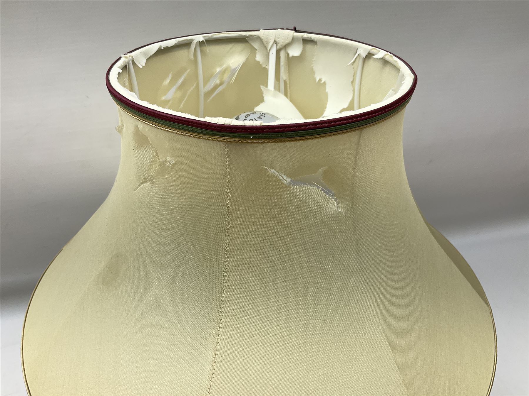 Moorcroft table lamp of squat baluster form, decorated in the Autumn Blackberry, with Moorcroft cream fabric shade with gold, green and red piping, overall H38cm