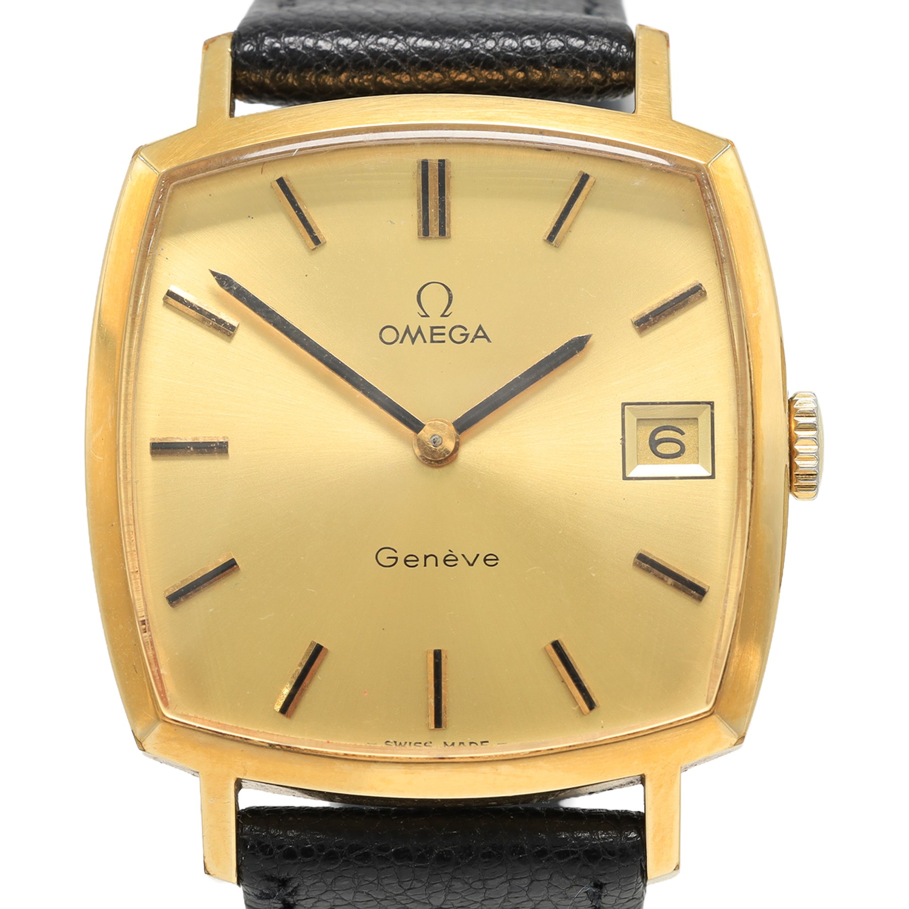 Omega gentleman's gold-plated and stainless steel manual wind wristwatch, Ref. 132.0052, Cal 1030, champagne dial with baton hour markers and date aperture, on black leather strap, boxed