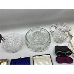 Assorted collectables, to include three WWII medals, Vintage rotary wristwatch, small group of costume jewellery, selection of silver plated flatware, small group of first day covers, christening gowns, glassware, etc., in one box 