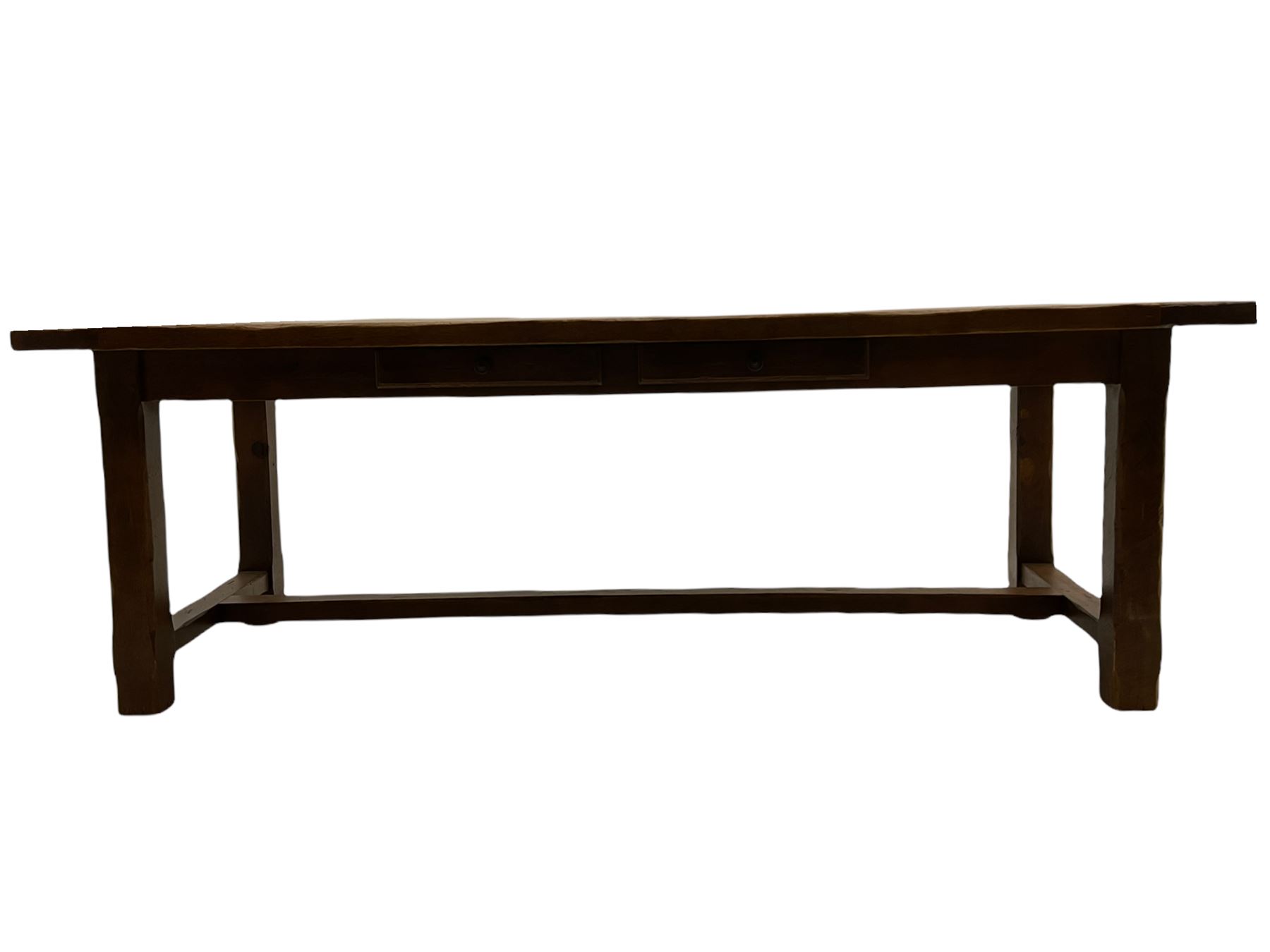 Antix French oak dining table with two leaves, two frieze drawers;, and six ladder back chairs with rush seats