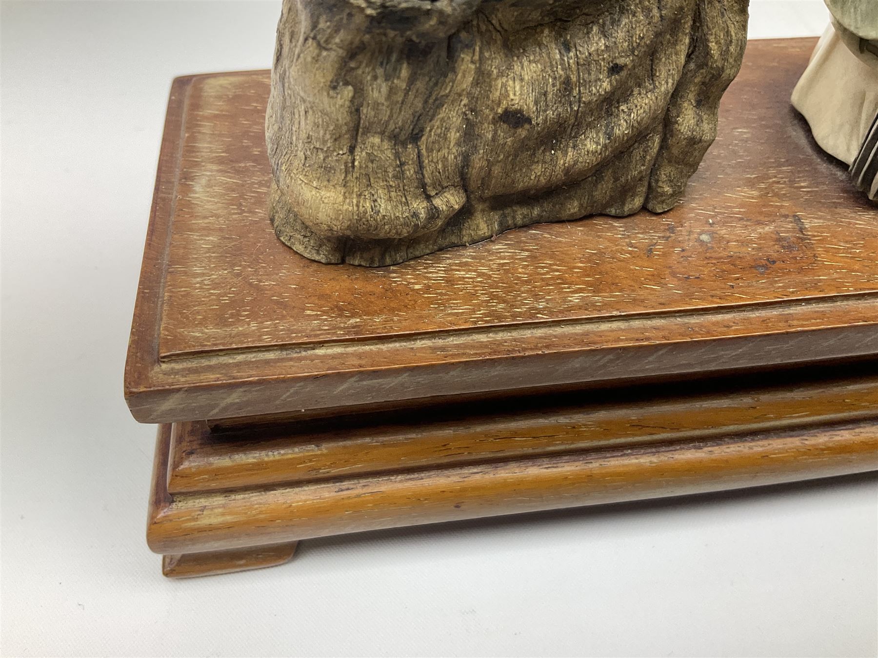 Japanese parquetry puzzle box L12cm; another Japanese puzzle box with marquetry top of Mount Fuji; eleven graduated Chinese figures including immortals; and Chinese figure of a lady standing on a hardwood base next to a horn table (14)