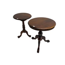 Georgian design mahogany pedestal occasional table, carved edge over birdcage action support, tripod base with acanthus leaf decoration and ball and claw feet (W50cm H70cm); Georgian design occasional table, circular top over vasiform pedestal with tripod base (W59cm H70cm)