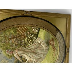 George III silkwork picture, of oval form depicting a female figure in garden setting, within a silkwork border detailed with verse from Robert Burns Bonnie Peg, 'Her air sae sweet, and shape complete, The Queen of Love did never move, Wi' Motion mair enchanting!', and monograms 'FV' and 'SM', in reeded gilt frame and gilt mount, indistinctly inscribed in pencil verso, overall H36cm L30.5cm