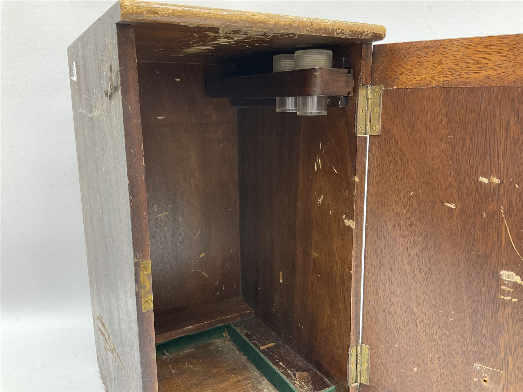 Black finished monocular microscope by Prior London No. 17372,  with pitchfork base and rack and pinion focusing, in original fitted wooden case with additional lenses, H32cm, together with Watts dumpy level, no. 116249, in a leather case