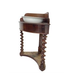 Victorian mahogany corner washstand bow-front table, raised back and banded frieze, raised on front spiral turned supports united by platform base, with ceramic bowl
